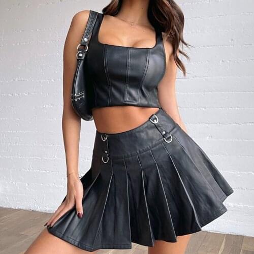 Womens Sexy Slim PU Set Square Collar Sleeveless Low-Cut Cropped Tank Top High Waist Chci Wild Pleated Mini Skirt Outfits