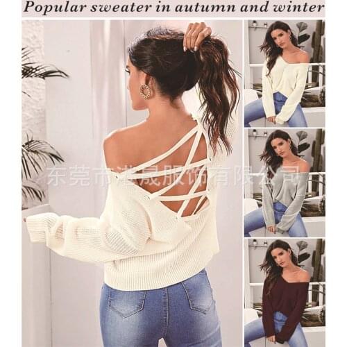 Knitted Sweater Casual Pullover Autumn V-neck Long Sleeve 2021 Winter Backless Bandage Loose Solid Color Women Sweater Pullovers