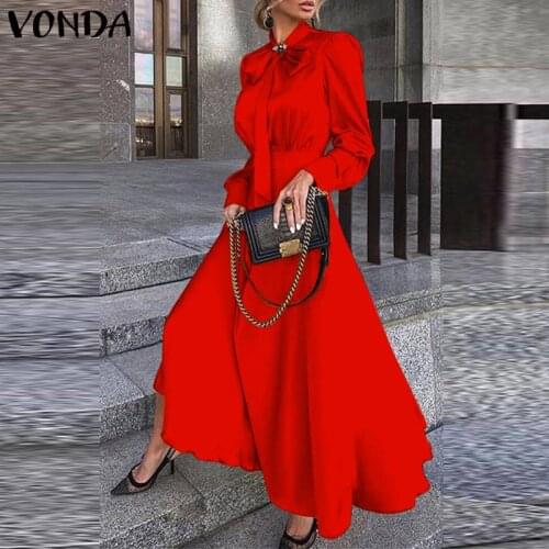 Women Satin Dress 2021 VONDA Sexy Bow Neck Bohemian Maxi Long Dresses Vestidos Casual Beach Sundress Femme Robe