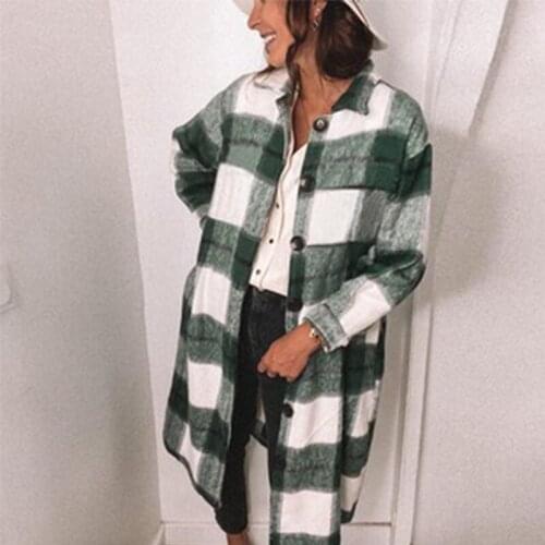 2021 Autumn Winter Checked Women Jacket Overcoat Warm Plaid Long Coat Oversize Woolen Blends Female Coat Retro Casual Fashion