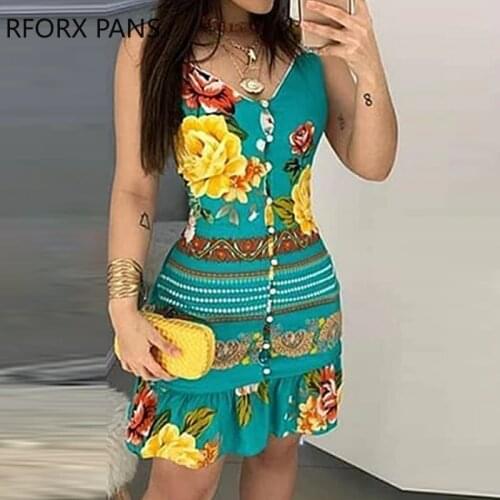 Women Elegant Fashion V-neck Bottoned Design Print Dress Floral Dress Mini Dress Bodycon Dress