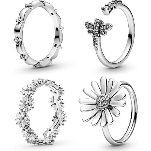 925 Sterling Silver Pave Daisy Flower Statement With Crystal pan Ring For Women Wedding Party Jewelry