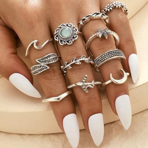 2020 new ring boho style moon leaf sapphire flower female joint set ring