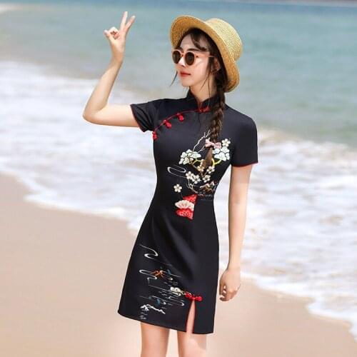 Womens Chinese Style Print Cheongsam Split Front Modern Qipao Dress Slim Short Evening Cheongsam Vestido Sexy Women Dress