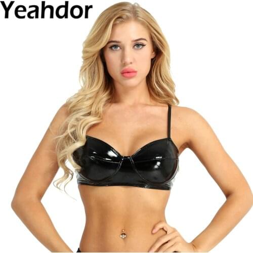Womens Sexy Lingerie Bras Fashion Wet Look Faux Leather Wire-free Unlined No Pad Bra Top for Raves Dances Clubwear for Party
