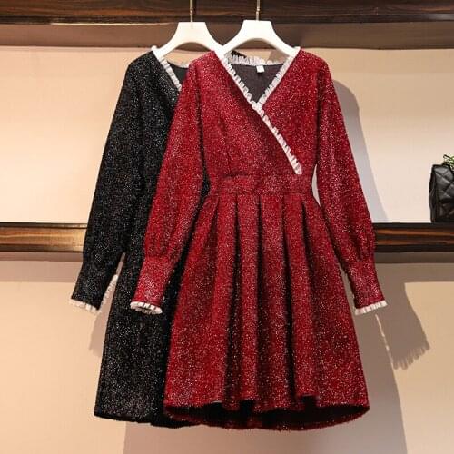 Plus Size Women Runway Tweed Dress Elegant Autumn Small Fragrance style Bright Silk Tweed Long Sleeve High-Waist Pleated Dress