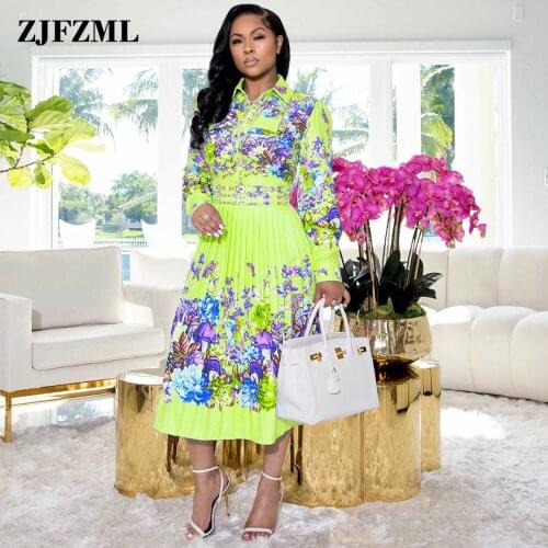 Womens Dress Vintage Turn Down Collar Long Sleeve Pleated Dresses Office Lady High Waist Floral Print Fit and Flare Vestidos