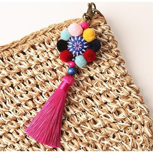 1pc Keychain Bag Hanging Car Key Ring Car Key Pompom Flower With Long Tassel Style Key Chains