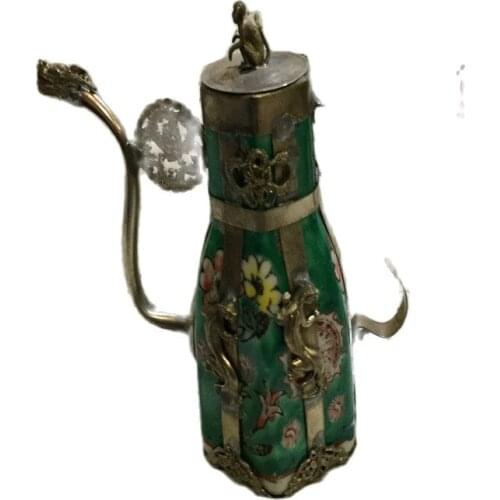 Antique white copper, Miao silver, inlaid with porcelain, dragon head, ancient animal kettle, teapot, wine pot, furniture orname