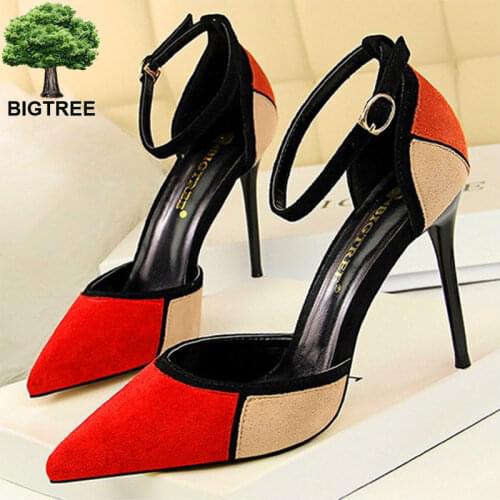 BIGTREE Mixed Colors Flock Women Sandals Fashion Buckle Pointed Toe High Heels Shoes Womens Sexy Cut-Outs Shallow Dress Sandal
