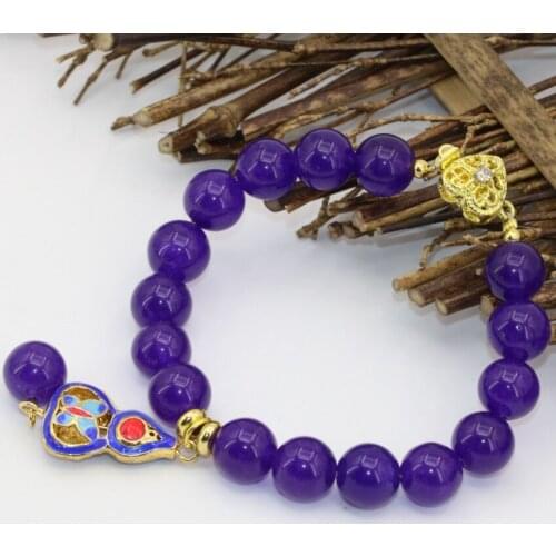 10mm purple strand bracelets women round beads jades semi-precious stone chalcedony gold-color cloisonne jewelry 7.5inch B2724