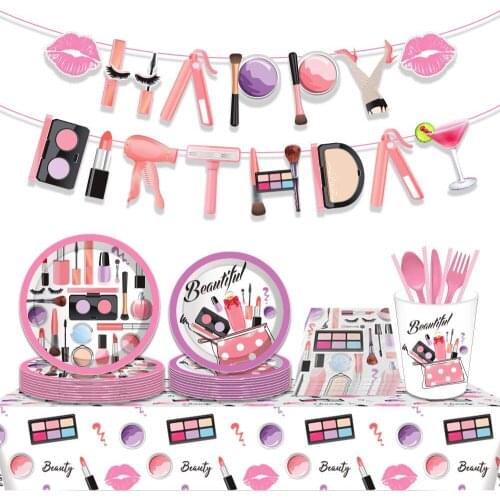 Girls Frist Makeup Birthday Party Supplies Disposable Tableware with Plates Cups Napkins Balloons for Girls Party Decoration