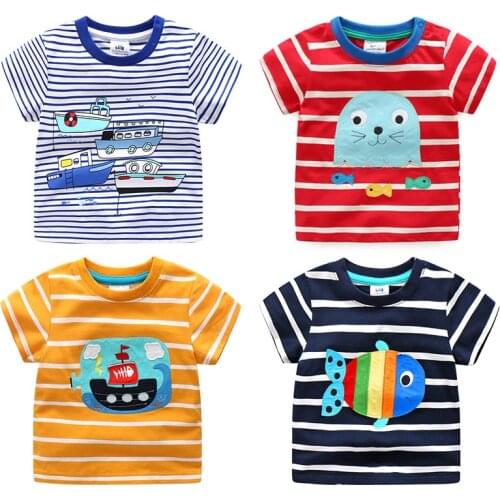 Kids Clothes 2018 New Design Hot Summer 2 4 6 8 Cotton Strip Car Plane Fish Dog Dinosaur Print O Neck Short Sleeve Boys T Shirt