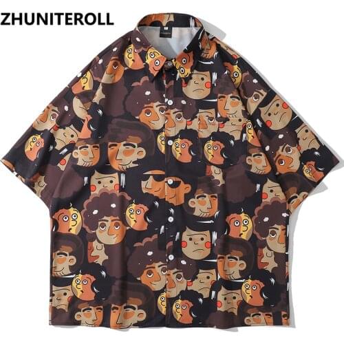 2021 Summer Harajuku Hawaiian Blouse Hip Hop Streetwear Cartoon Print Short Sleeve Vintage Shirts Fashion Casual Men Loose Tops