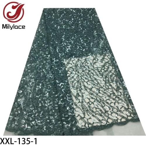 Hot Sale African Sequins Lace Fabric High Quality Nigerian Tulle Sequins Lace Fabric for Wedding Party Dress XXL-135