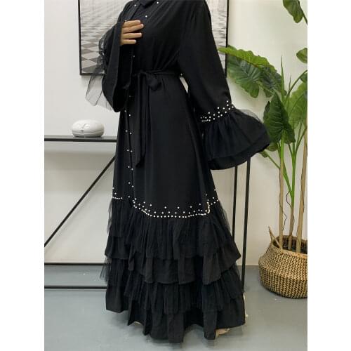 Eid Women Muslim Hijab Dress Lace-up Beading Middle East Ramadan Long Robe Arabic Kaftan Dubai Turkey Abaya Clothing Vestidos