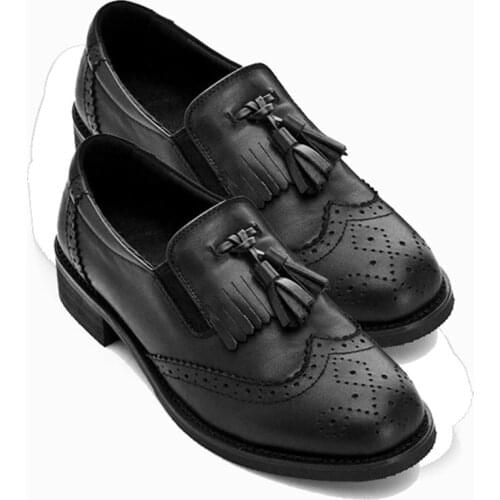 LIHUAMAO Cow leather Penny loafers for women slip on shoes tassels round toe work party ladies flat shoes comfort casual