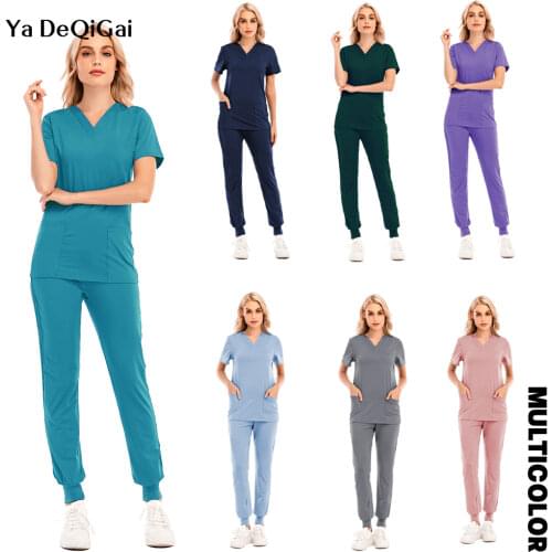 Operating Room Medical Uniforms Women Scrubs Clothes Sleeve V-Neck Workers T-Shirt Tops Summer Uniformes Medical Accessories