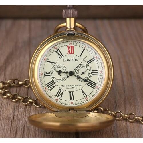 Fashion Copper Train London Pocket & fob Watches Mechanical Watch Hand Wind Skeleton Mens Pocket Watch With Chain Xmas Gift