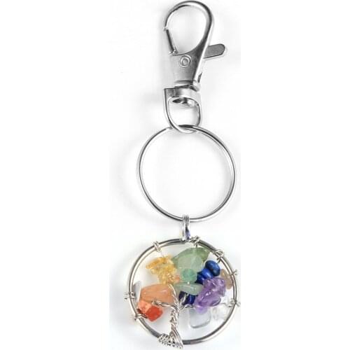 Natural Chip Gravel 7 Chakras Wire Wrap Tree of Life Charm Keychain Turquoises Tiger Eye Crystal Keyrings Healing Reiki Jewelry