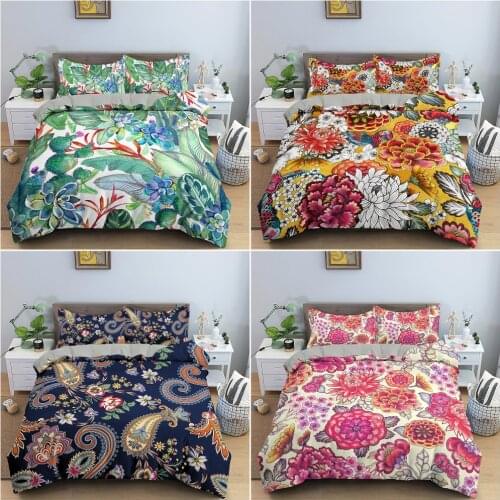 Tropical Flower Leaf Duvet Cover Queen Vintage Floral Bedding Set Boho Style Comforter Cover Luxurious Floral Quilt Cover