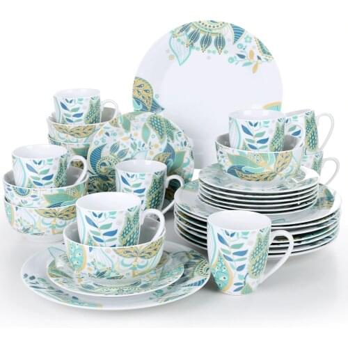 VEWEET ELINA 32-Piece Porcelain Ceramic Tableware Dinner Set with Dinner Plate,Dessert Plate,Cereal Bowl,380ml Mug Service for 4