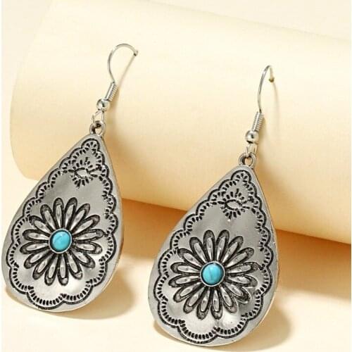 Retro Style Drop-shaped Womens Earrings European and American Drop-shaped Sunflower Turquoise Carved Earrings