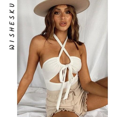 Women Halter Cut Out Bandage Slim Bodysuit Corset One Piece Romper 2021 Summer Basic Backless Playsuits Y2k Clothes