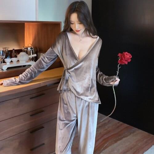 Womens Pajamas Set Sexy Spring Autumn Sleepwear V Neck Fashion Gold Velvet Nightwear Large Size Home Clothes New Pijama Mujer