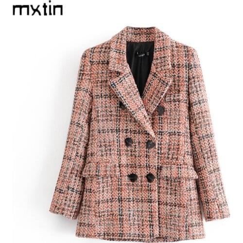 2020 Winter Womens Vintage Plaid Double Breasted Tweed Blazers Coat Women Elegant Ladies Long Sleeve Female Outerwear Blaser