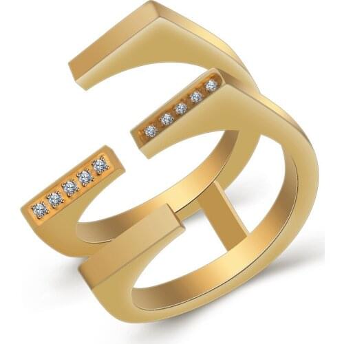 Gold Color Unique Geometric Design CZ ring Female Stainless steel Channel Austrian Crystal Ring Fashion Women Jewelry gift