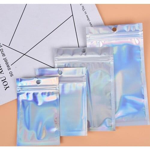 10Pcs Iridescent Zip lock Bags Pouches Cosmetic Plastic Laser Iridescent Bags Holographic Makeup Bags Hologram Zipper Bags