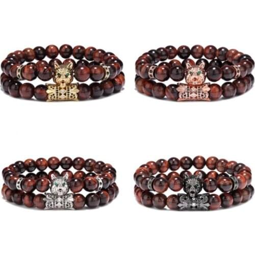 2pcs/lot 8mm wolf gold silver copper cz zircon cubic zirconia beads bohemian Bracelet agate Onyx Stone Bangles 5g33