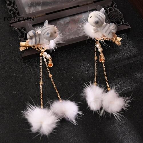 2pcs Plush Rabbit Hairpin with Tassel Chinese Style Cute Vintage Headdress Hanfu Clothing Accessories for Women Lady SL