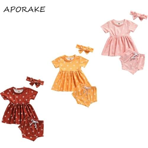 2021 0-24M Infant Girl Clothing Set Sweet Floral Print Short Sleeve Dress Top+Triangle Shorts+Headband Summer 3pcs Outfits