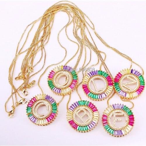 6PCS ZYZ334-7275 Trendy Micro Pave Rainbow CZ Cubic Zirconia Initials Letter Pendant Necklaces Women Jewelry Choose Letter