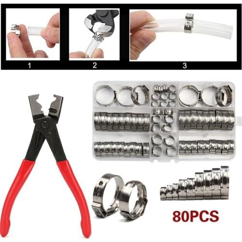 80PCS Stainless Steel 1-Ear Stepless Fuel Clamp Worm Drive Fuel Water Hose Pipe Clamps Clips+ 1PC Hose Clip Clamp Pliers