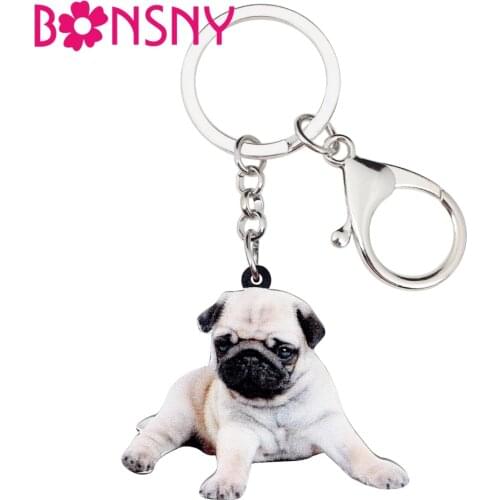 Bonsny Acrylic Sweet Lying Pug Dog Key Chains Keychains Holder Novelty Animal Jewelry For Women Girls Bag Wallet Pendant Charms