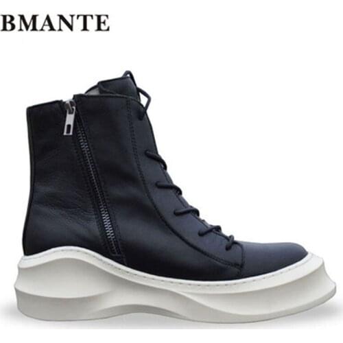 Bmante Mens Boots Genuine Leather Platform Thick Bottom Ankle Shoes Trainers Male Adult Boots Casual Zip Gothic Dark Shoes