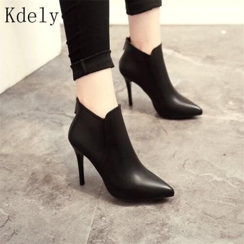 Fashion Patent leather PU Pointed Toe High Heel Boots Shoes Woman Zipper Ankle Boots Women Shoes Thin Heel Women Boots 35-39