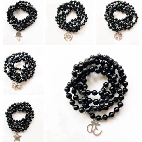 Natural Black Obsidian Bracelet 108 Prayer Beads Tibetan Buddhist Mala Necklace Knotted Stones 6mm Fatima Hand Om Charms