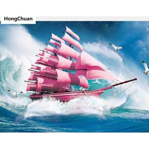 Fast delivery sea view powder boat 5D DIY square/round diamond painting mosaic cross stitch home decoration mural new year gift