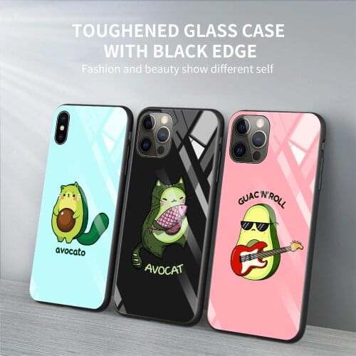 Tempered Glass Phone Case For iPhone 12 11 Pro Max Shell For iPhone Xs Max XR XS 7 8 Plus 11 Pro Cute Avocado
