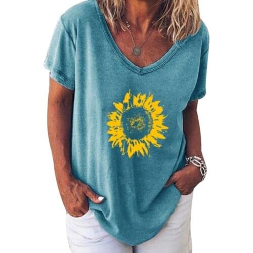 Plus size Tshirt Women Fashion Summer Short Sleeve V Neck Sunflower Print T-shirt Loose Tees Short Sleeve T-shirt Loose Tees