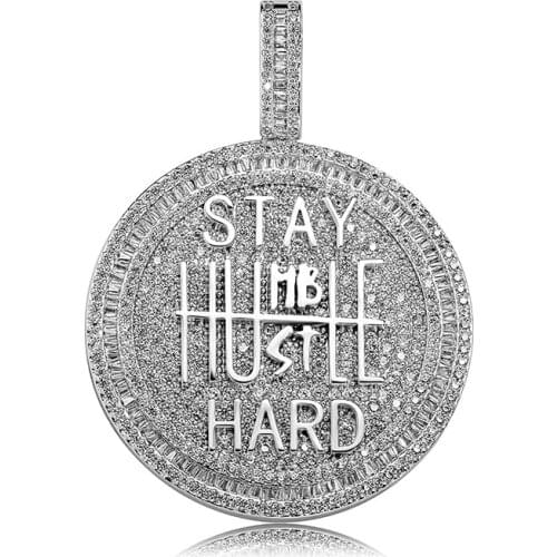 Hip Hop STAY HARD Circular Pendant With Chain Bling Micro Pave Zircon Necklace Mens Jewelry