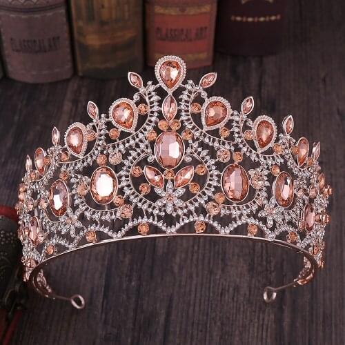 Champagne Baroque Queen King Crown Vintage Rose Gold Hair Jewelry Crystal Tiaras Crowns Comb Headbands Bridal Rhinestone Diadem