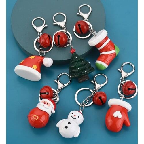24BE Cute Christmas Themed Keyrings Resin Keychains with Bell for Backpacks Lovely Socks Snowman Gloves Car Key Accessories