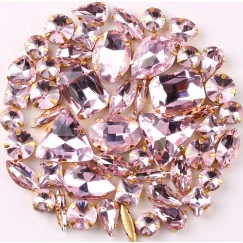 Gold claw setting 50pcs/bag shapes mix Pink glass crystal sew on rhinestone wedding dress shoes bags diy trim