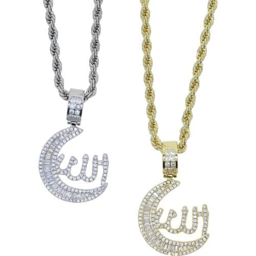 2021 New Muslims Moon Allah Pendant Necklace with Crystal Cz Tennis Box Chain For Boyfriend Men Religious Islamic Jewelry Gifts