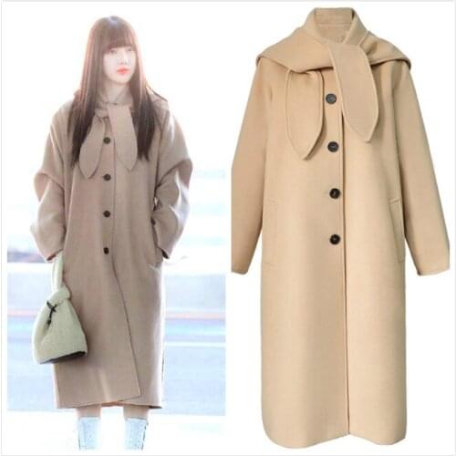 Kpop Korean Celebrity Streetwear New Woolen Coat Windbreaker Womens Elegant Long Sleeved Trench Ladies Winter warm Loose Jacket